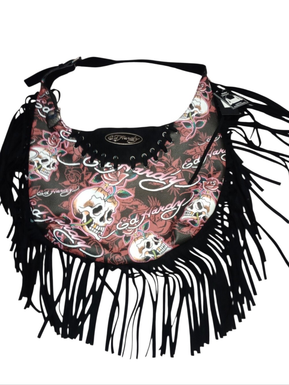 Ed Hardy Black & Pink Skull Fringe Shoulder Bag, Adjustable Strap, NWT